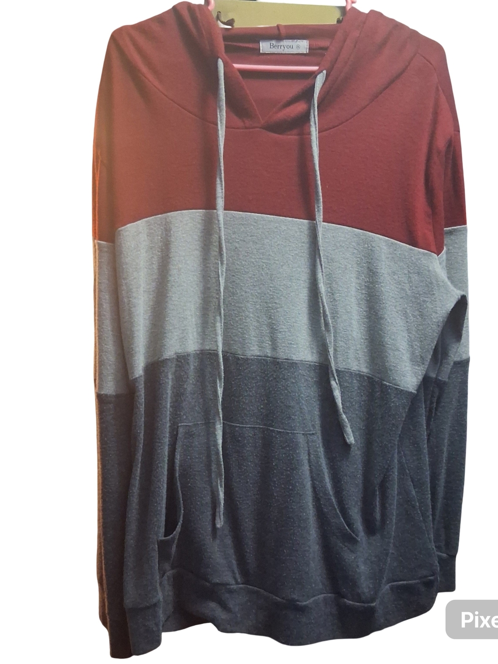 BERRYOU SIZE 2XL-Colorblock Hoodie in Rust, Light Gray & Charcoal